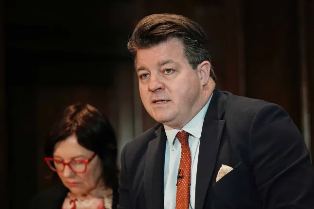 Liam Halligan lors du lancement de la Commission de croissance, un nouveau groupe de travail d'économistes convoqué par Mme Truss en tant qu'organisme indépendant et visant à trouver des solutions à la croissance atone en Occident, à One Great George Street à Londres. Date de la photo : mercredi 12 juillet 2023.