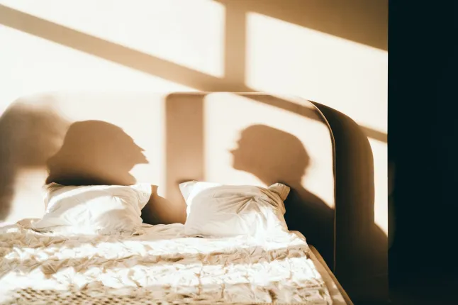 Une image abstraite d’une chambre confortable, chaleureuse et ensoleillée, de draps en coton et en lin frais et d’oreillers moelleux.